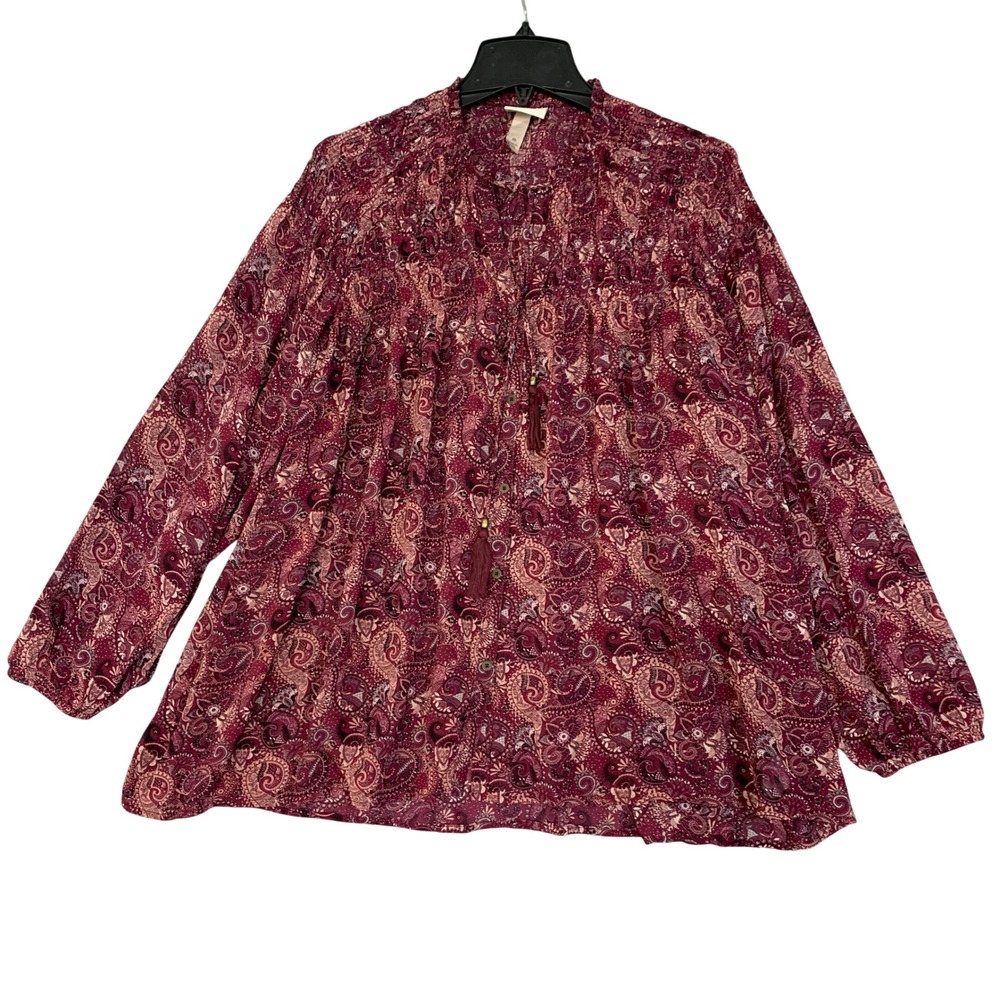 Knox Rose Women's M Paisley Chiffon Tunic Top Burgundy Polyester Blouse